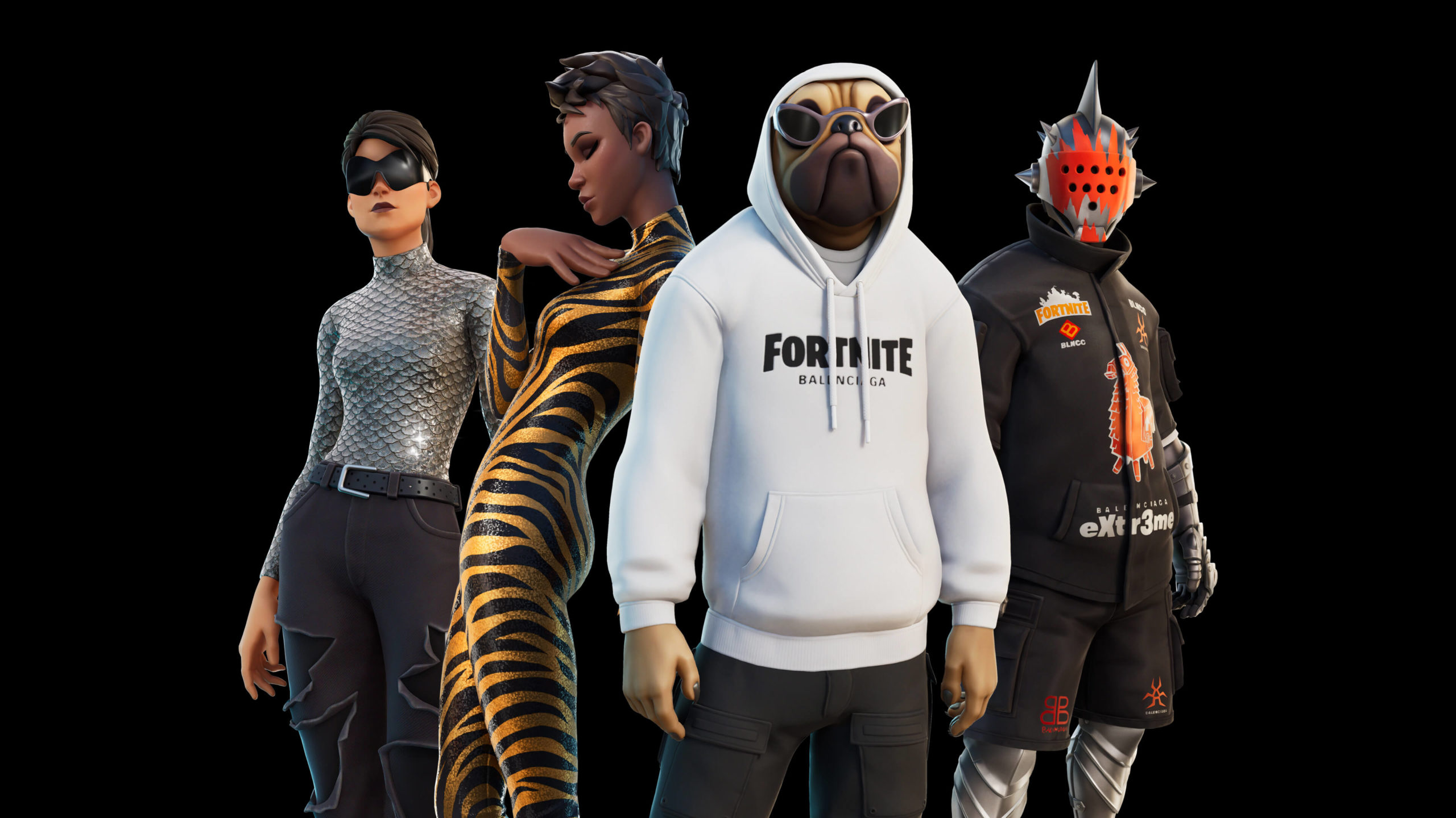Different avatars from the game of Fortnite look at the Camera, wearing Balenciaga merchandise