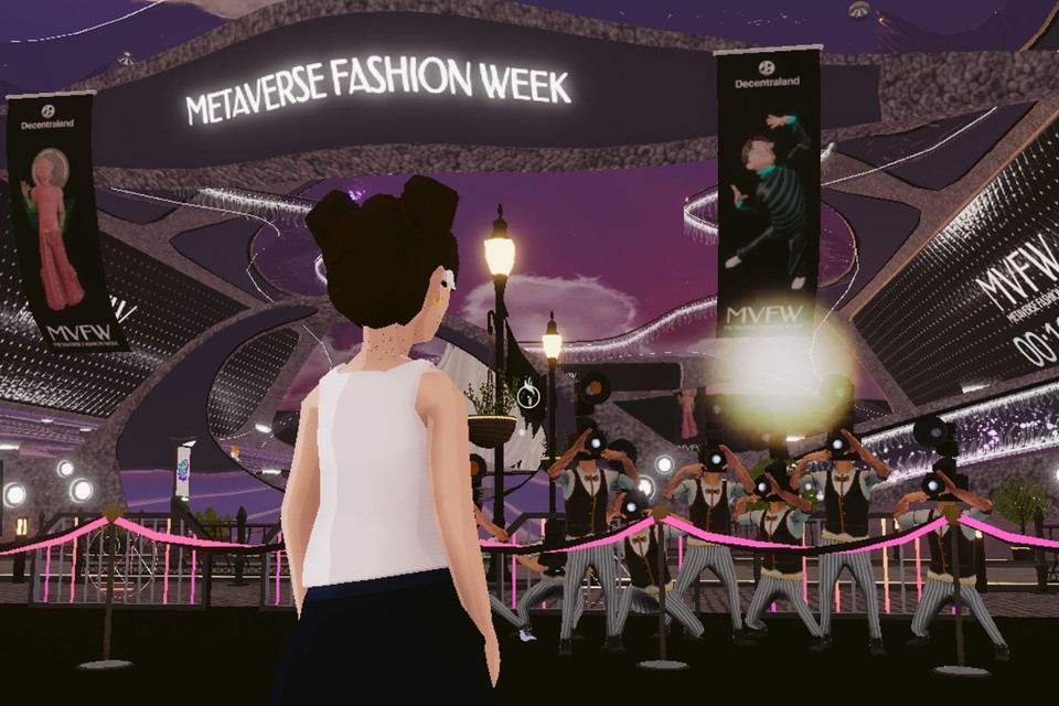 A female avatar looks at the entrance of the Metaverse Fashion Week.