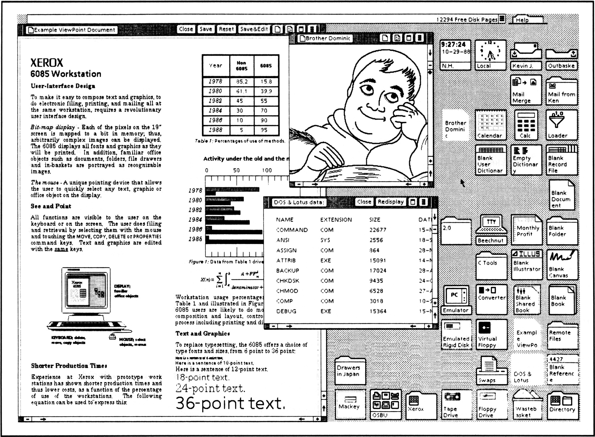 Black-and-white screenshot of an early graphical user interface from a Xerox 6085 workstation. Multiple overlapping windows show text documents, charts, and a file directory, alongside a cartoon portrait in a window. The desktop is filled with icons resembling folders, tools, and applications arranged in a grid on the right. A menu bar and controls appear at the top, illustrating an early mouse-driven, window-based computing environment.